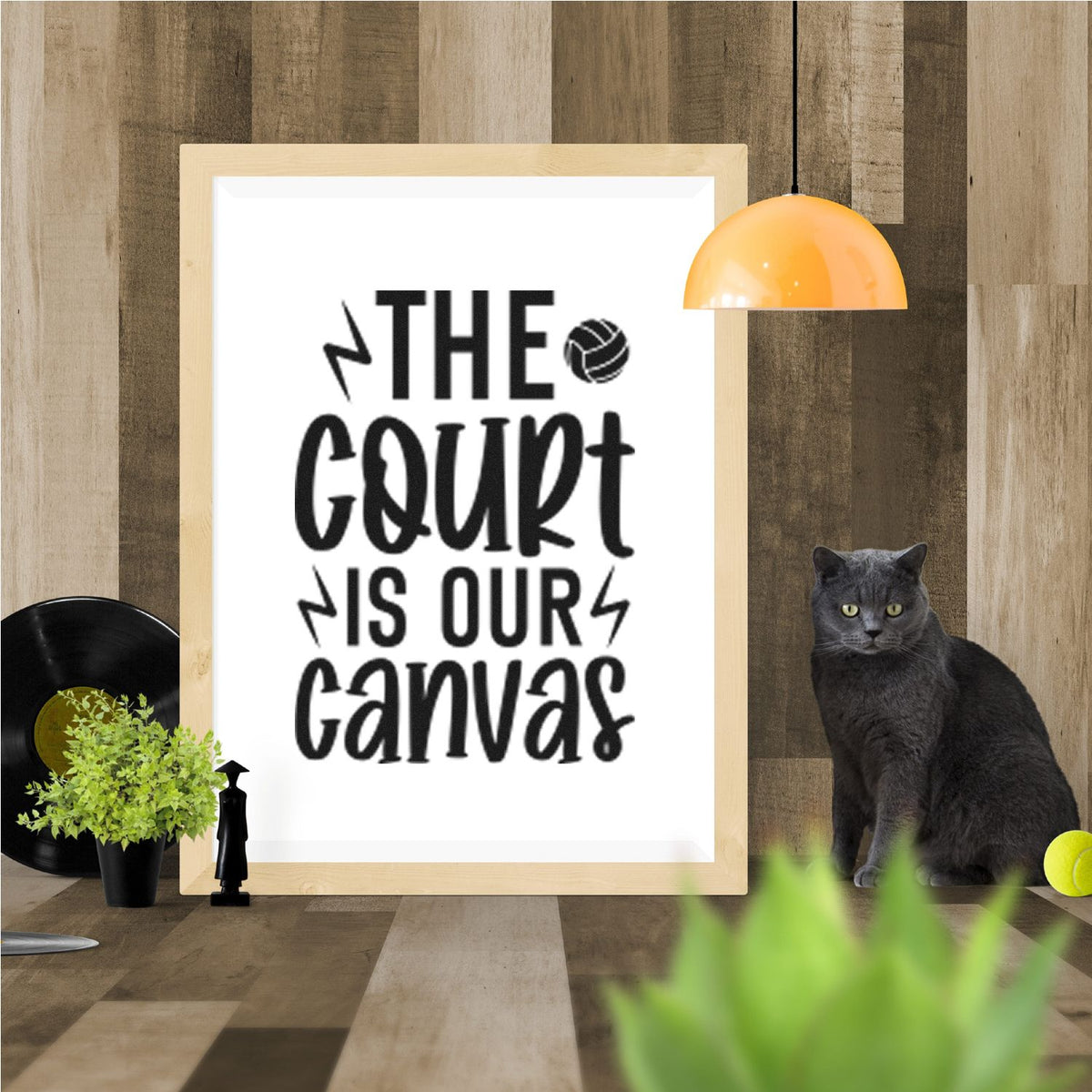 Custom stamp and seal design with black The Court Is Our Canvas text on a white print in a light wood frame.