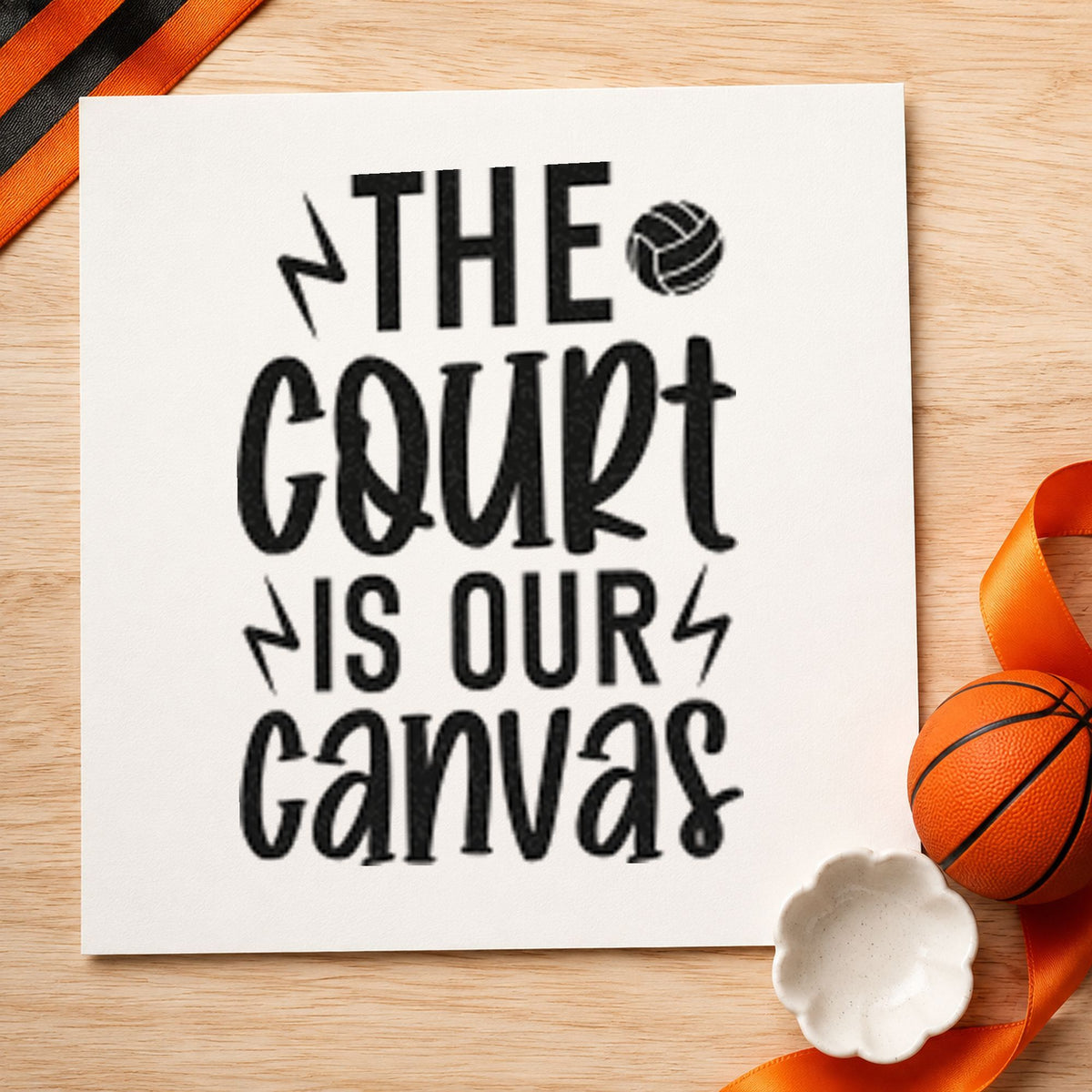 Court Is Our Canvas craft stamp imprint in black ink on a handmade project, one idea being paint can gift tags.
