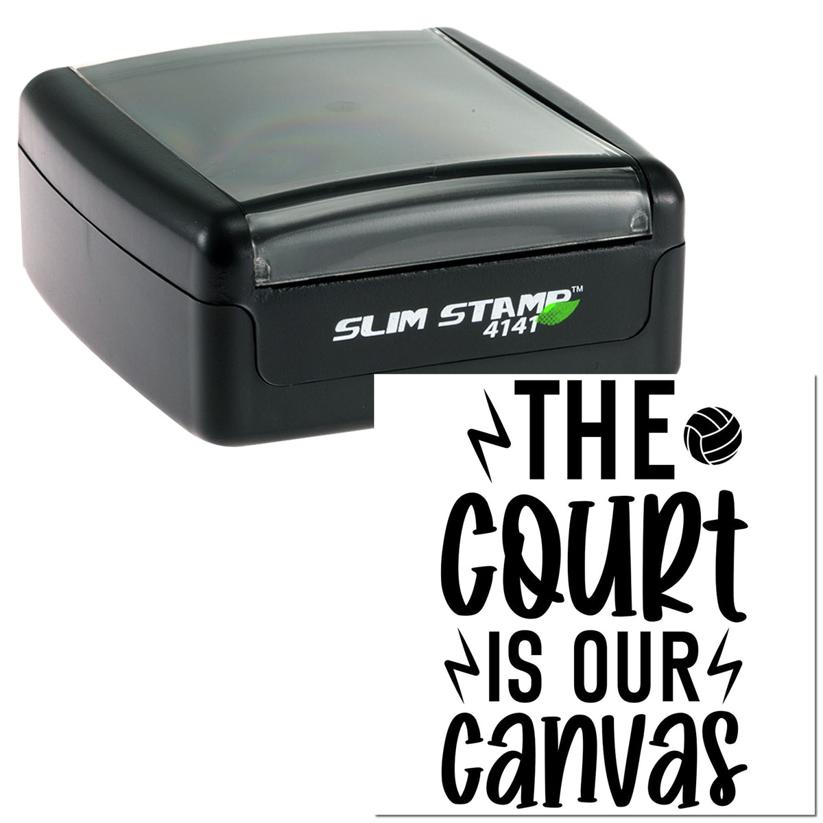 Black self-inking stamp and seal with translucent gray lid and bold The Court Is Our Canvas text on white.