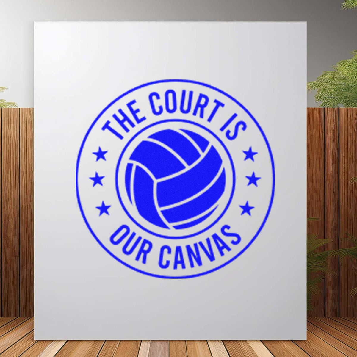 Blue court seal stamp with volleyball and stars on white card, reading THE COURT IS OUR CANVAS.