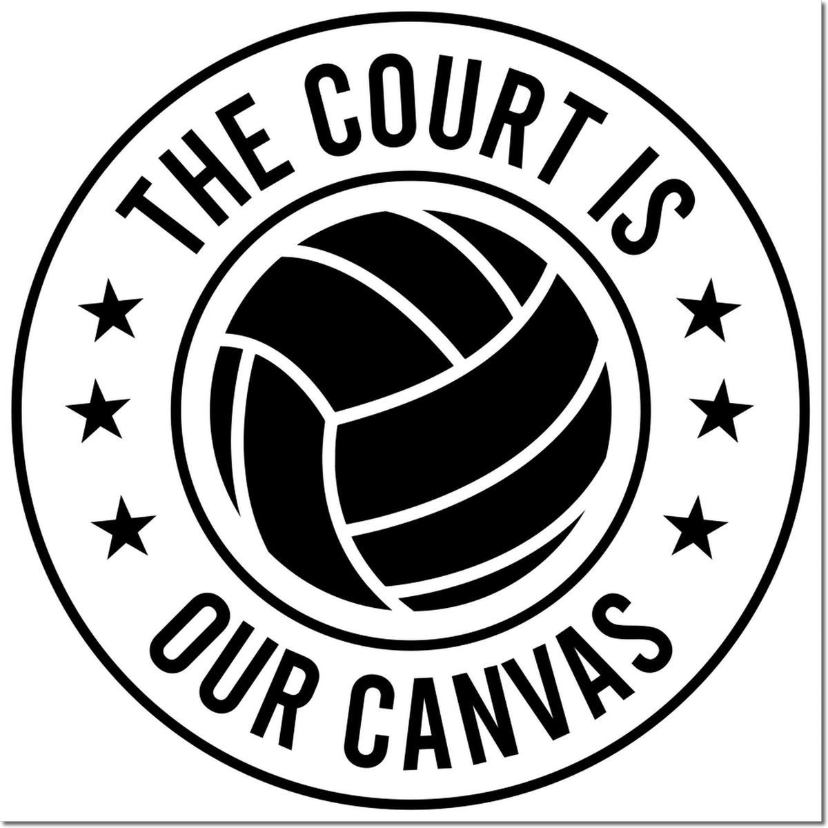 Black circular volleyball stamp seal with stars and the text The Court Is Our Canvas.