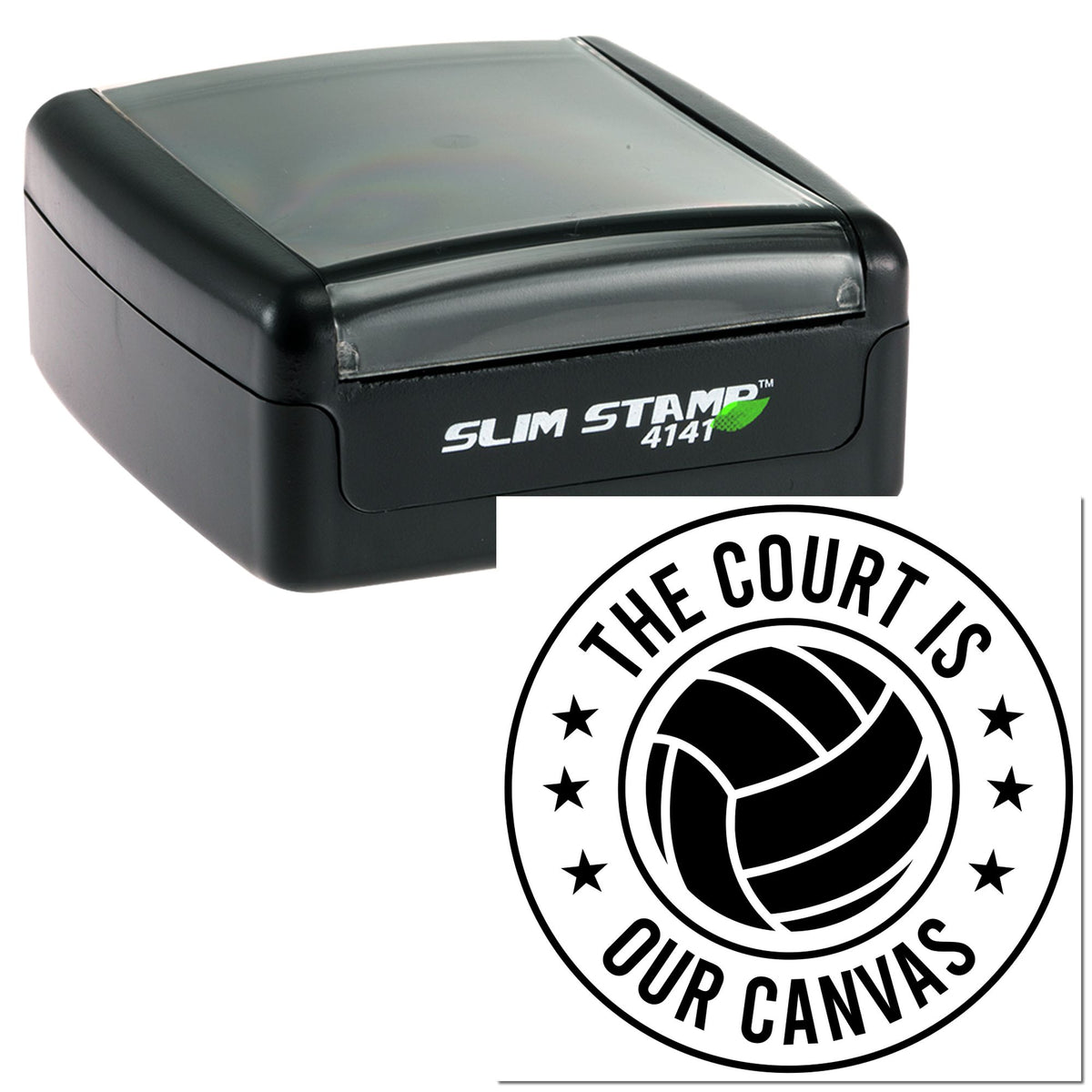 Black Slim Stamp 4141 with gray lid and round court seal logo reading The Court Is Our Canvas.