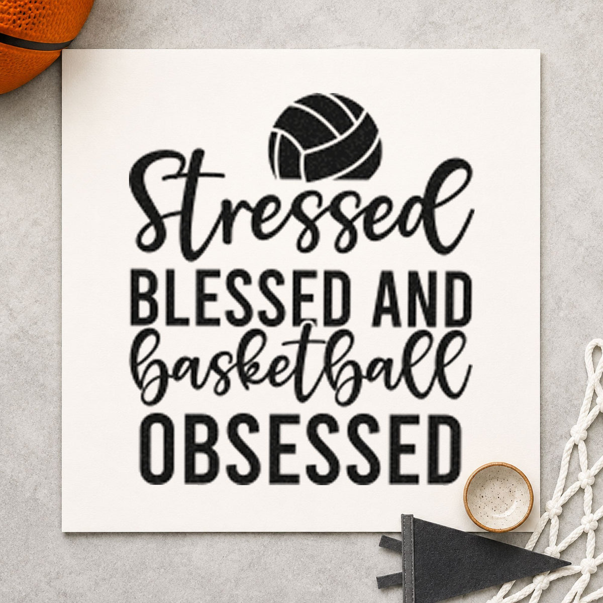 Stressed Blessed Basketball Obsessed craft stamp imprint in black ink on a handmade project, one idea being driver gift tags.