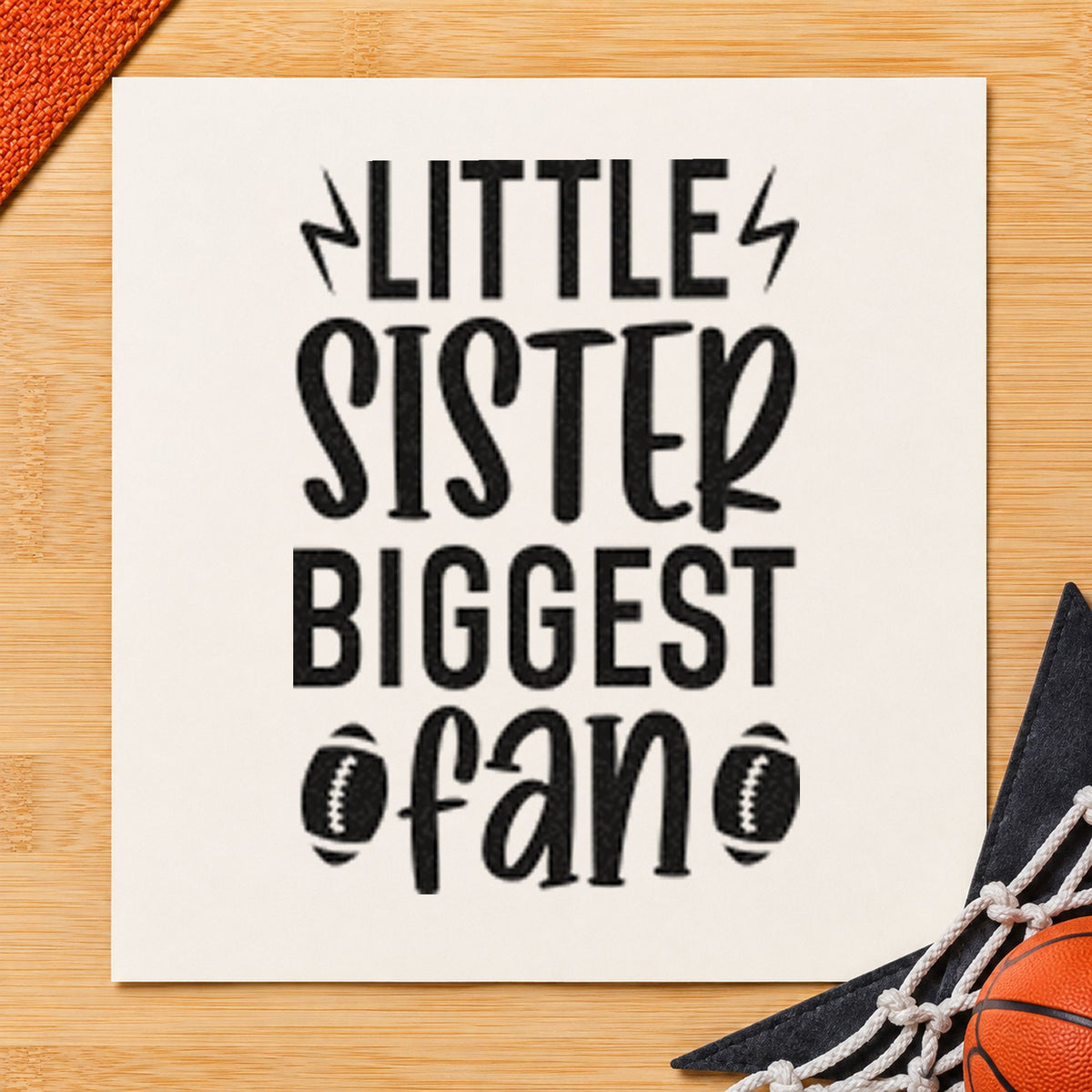 Little Sister Biggest Fan craft stamp imprint in black ink on a handmade project, one idea being stand snack gift tags.