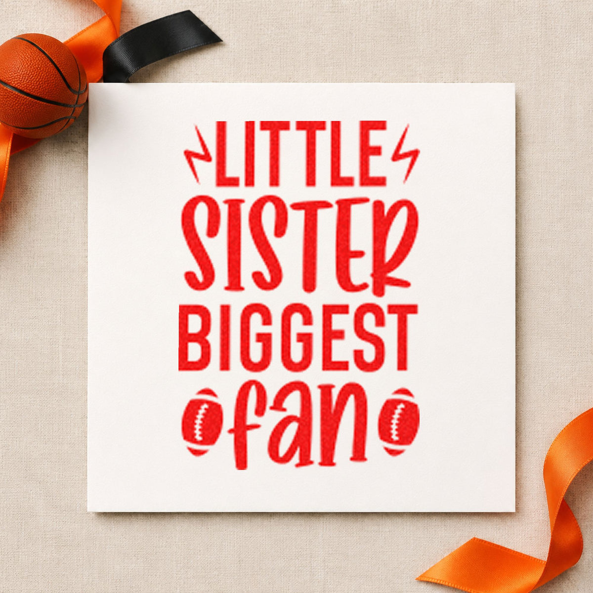 Little Sister Biggest Fan craft stamp imprint in red ink on a handmade project, one idea being sign making cards.
