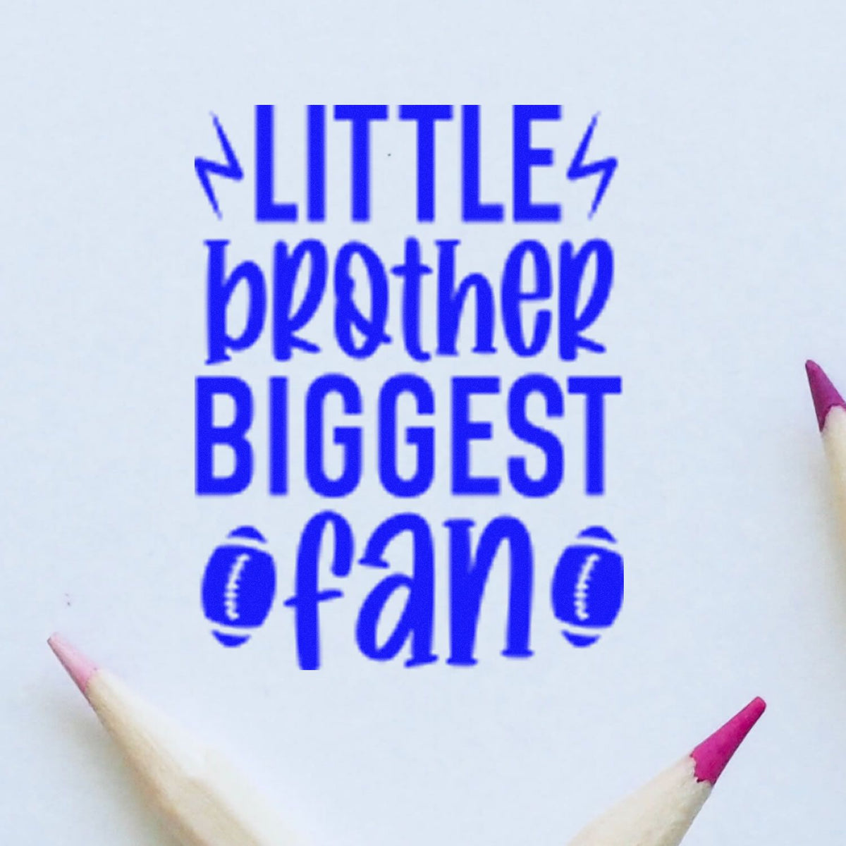 Blue Little Brother Biggest Fan stamp and seal design with football icons and pencil tips on white background