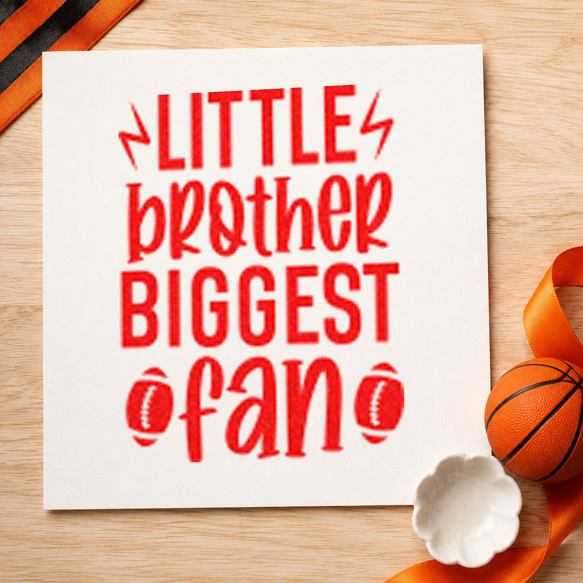 Little Brother Biggest Fan rubber stamp shown in red ink, stamped for projects such as bin kit labels.