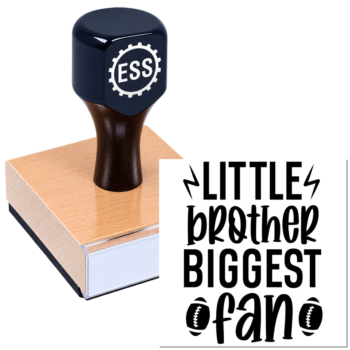 Black ESS rubber stamp on pink wooden block with "Little brother biggest fan" seal design in bold black.