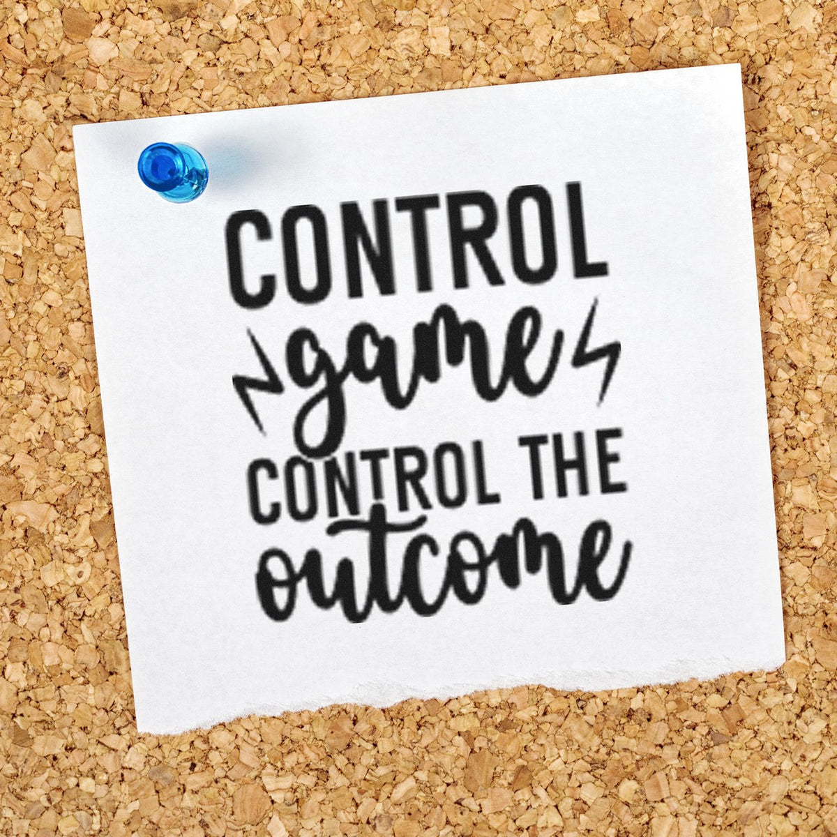 Blue pushpin on white paper showing black stamp and seal text, Control your control the outcome, on a corkboard.