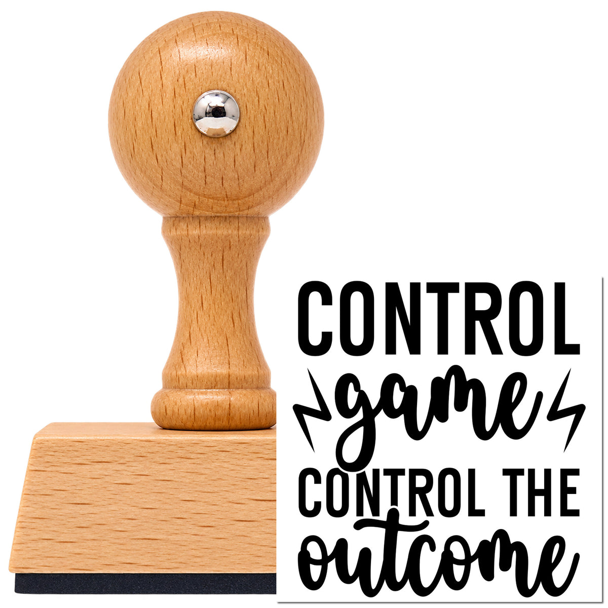 Vintage Pro beech wood stamp with a round knob handle, shown with its black Control Game Control Outcome imprint on white.