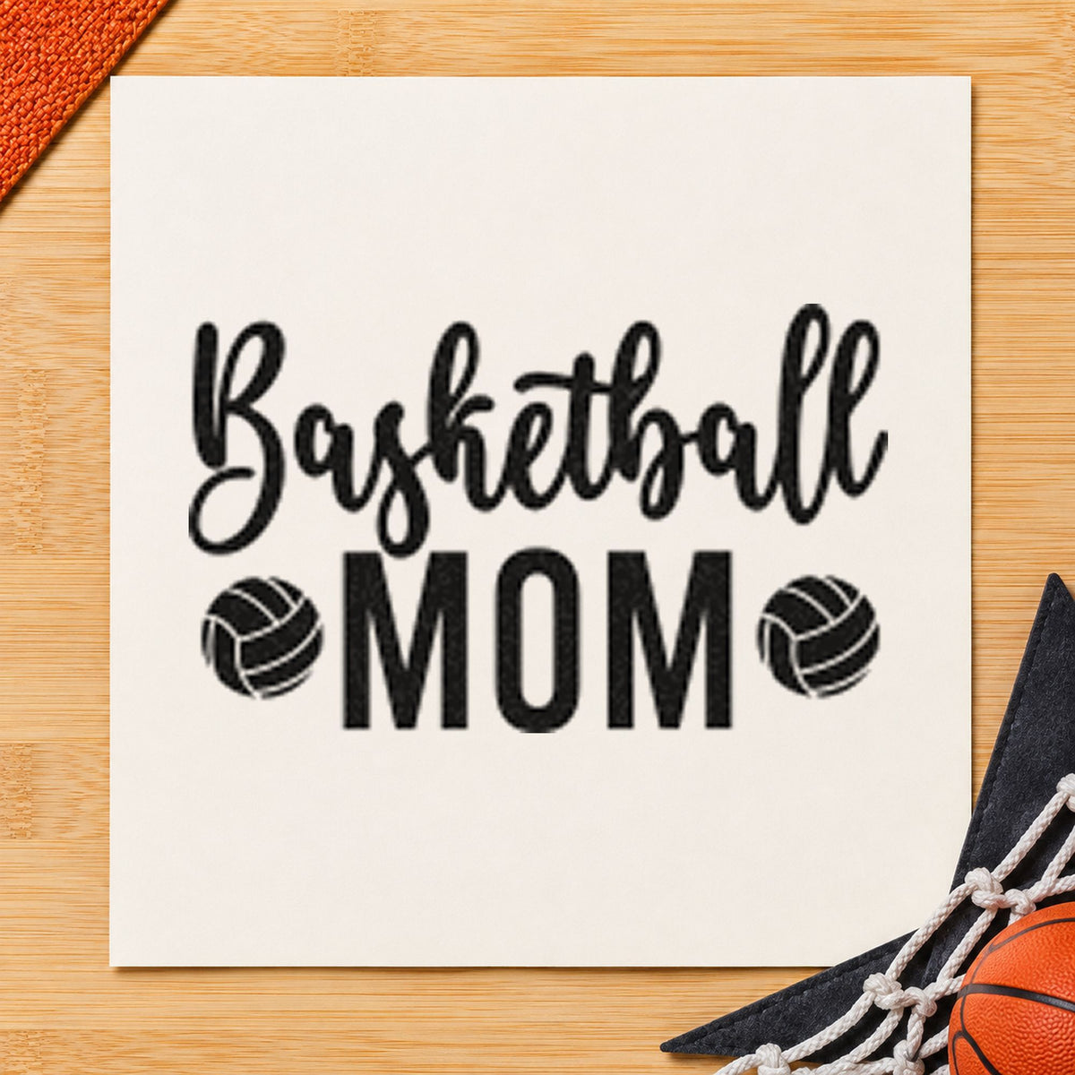 Basketball Mom Paneled Balls rubber stamp printed in black ink, ready for two ball cards and similar paper crafts.