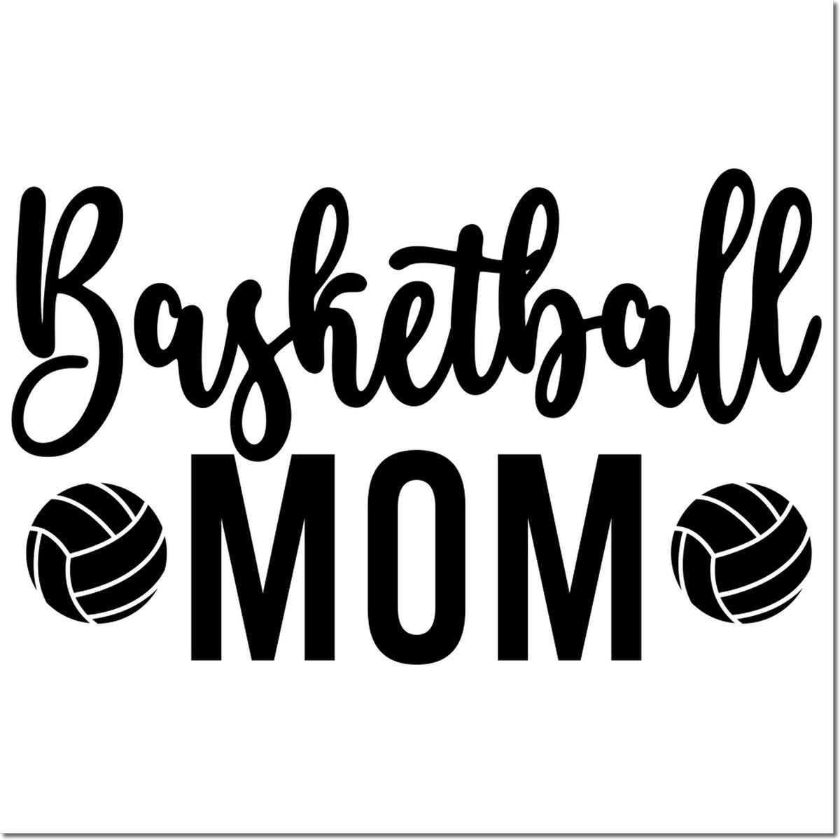 Black basketball mom stamp and seal with bold script lettering and two volleyball icons on a white background