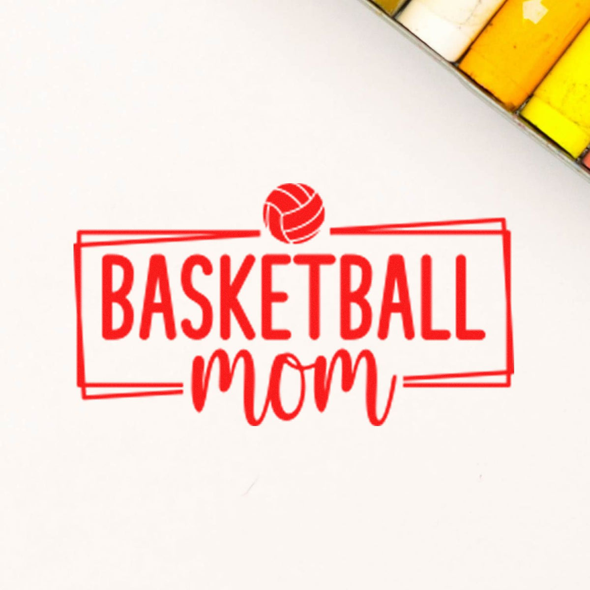 Red Basketball Mom stamp seal with basketball icon on white background and yellow color swatches.