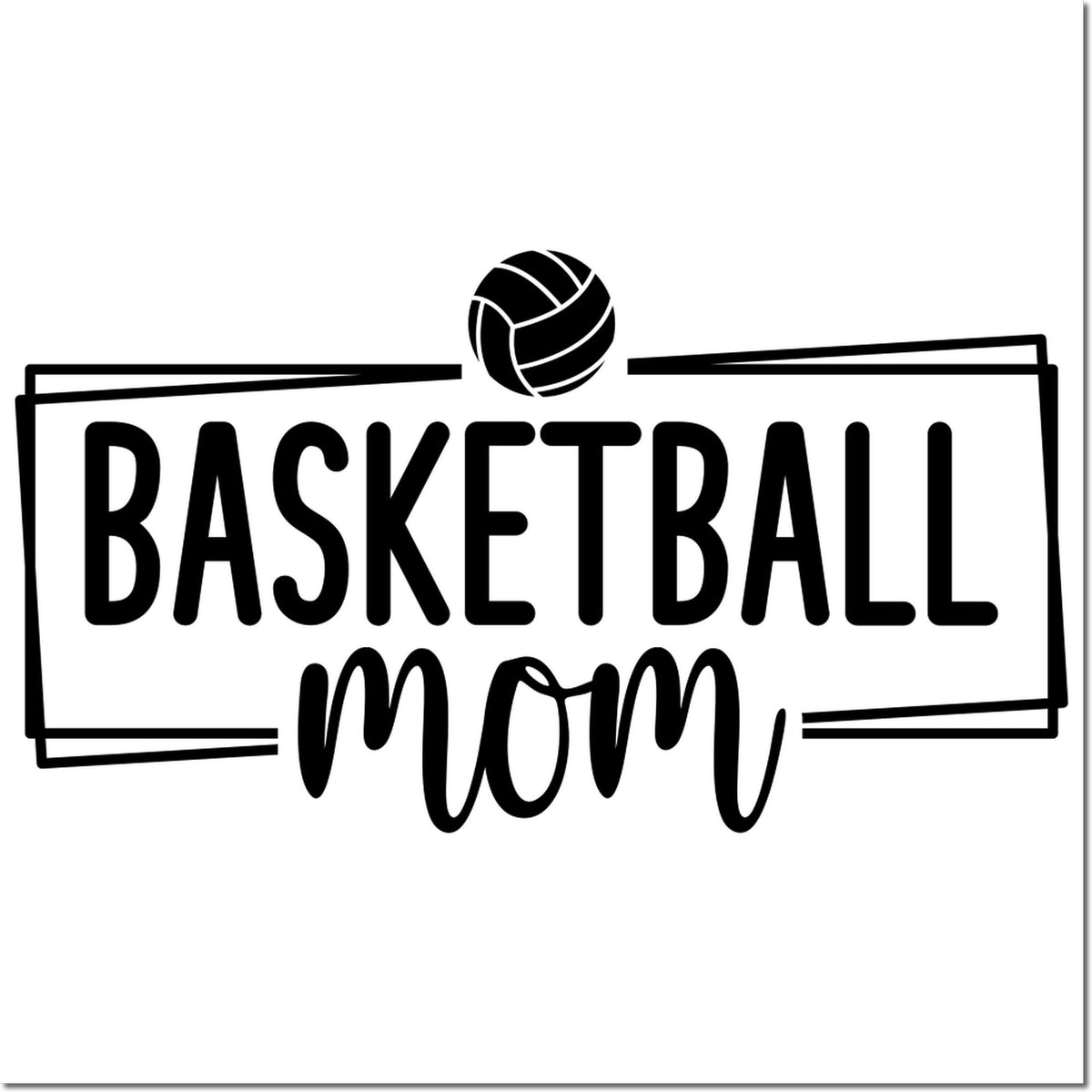 Black basketball stamp seal with ball icon and bold BASKETBALL mom text on white background.