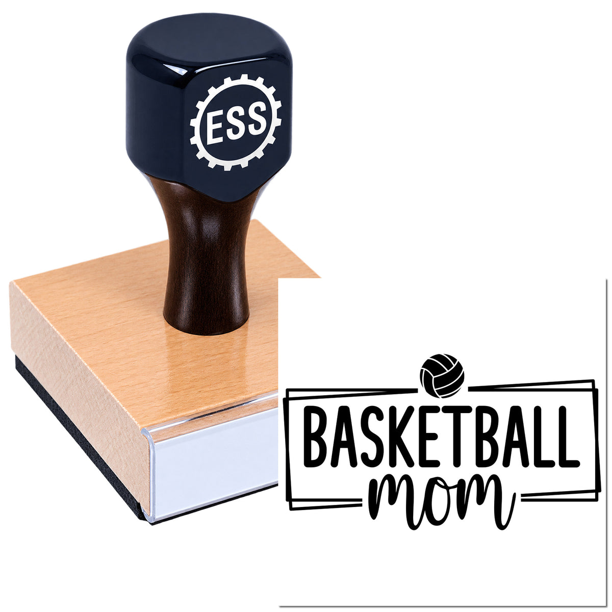 Black custom stamp and seal with pink wooden base, featuring a basketball mom logo and text.