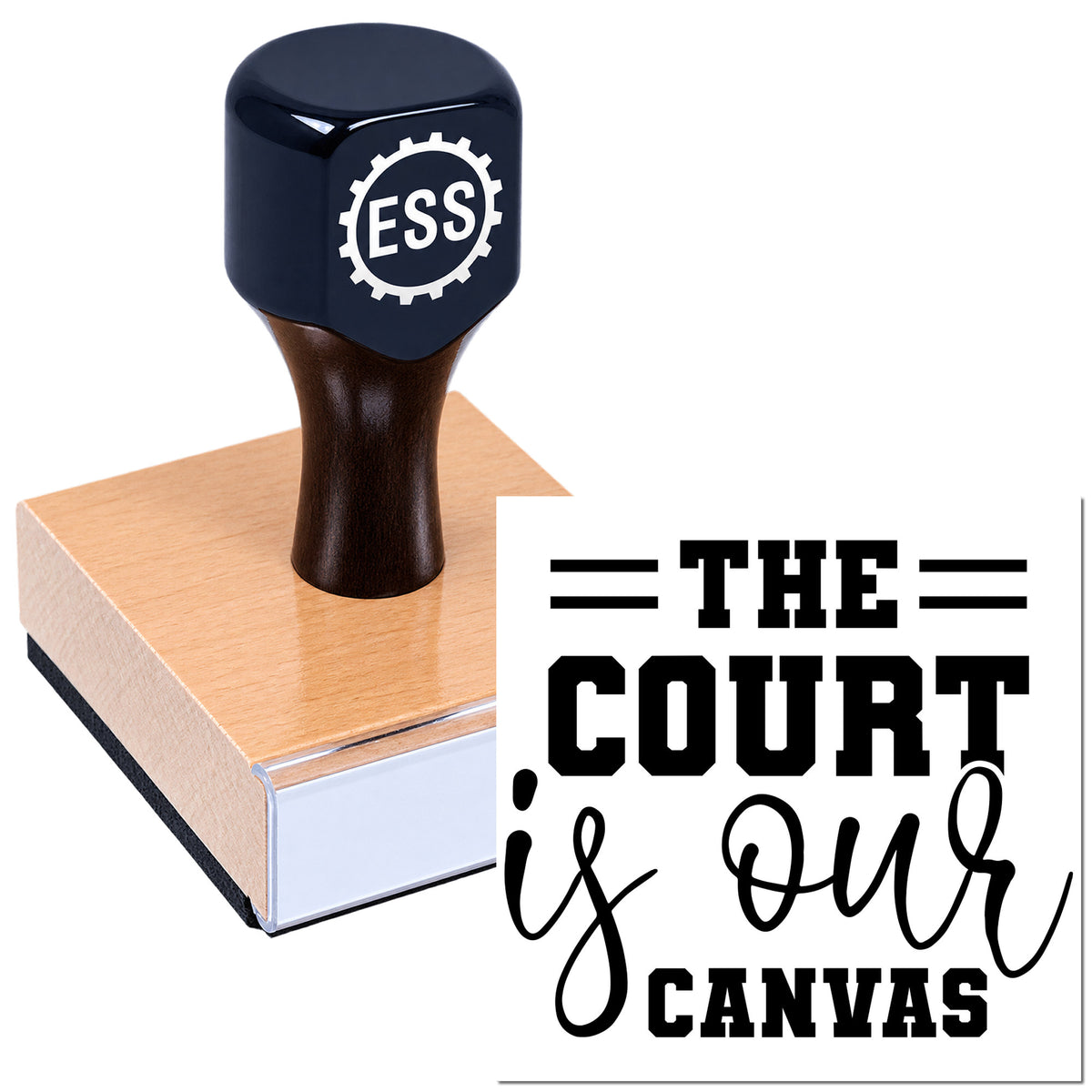 Black ESS stamp and seal tool with a dark navy handle on a tan wooden block, beside black imprint text reading "THE COURT is our CANVAS."