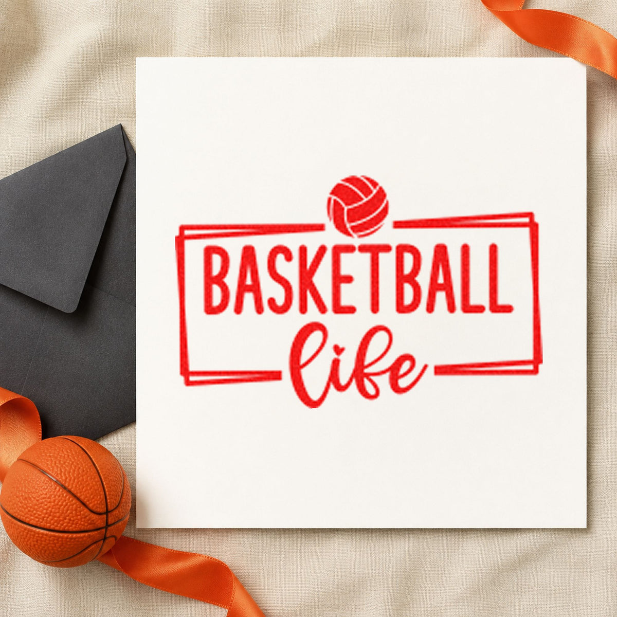 Basketball Life Rectangular Frame rubber stamp shown in red ink, stamped for projects such as bin memorabilia labels.