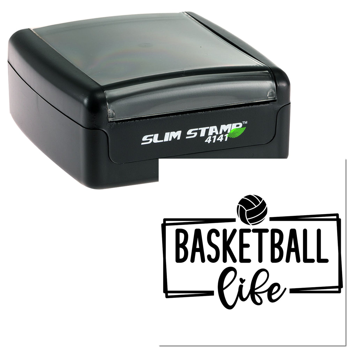 Black self-inking stamp and seal with gray cover, showing a basketball logo and BASKETBALL life imprint on white.
