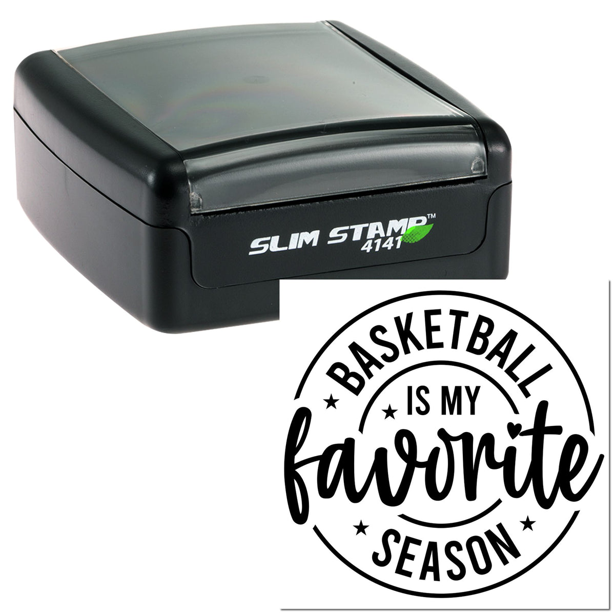 Black slim self-inking stamp with gray cover and round basketball is my favorite season seal.