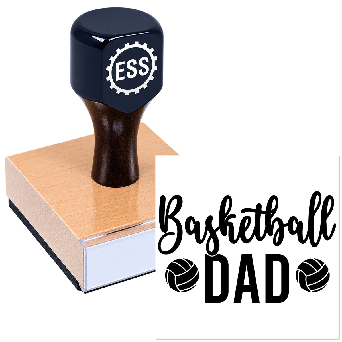 Navy ESS custom rubber stamp and seal on wood block, with black Basketball Dad design and basketball icons.