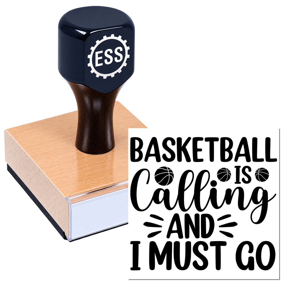 Black ESS stamp and seal on a peach wood block, with bold black basketball quote reading "Basketball is calling and I must go."