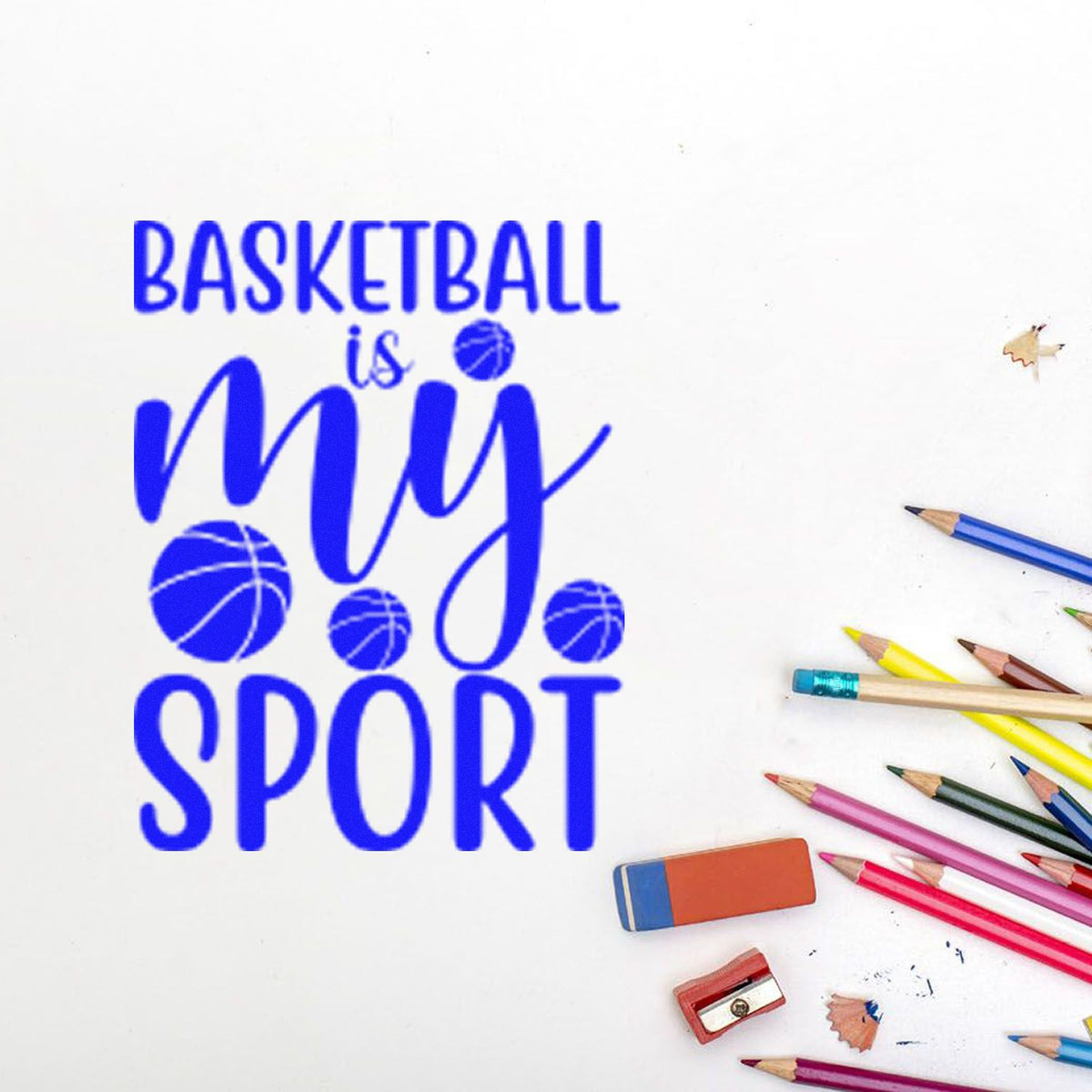 Blue custom stamp/seal reading Basketball is my sport with basketball icons, on white paper with colored pencils.