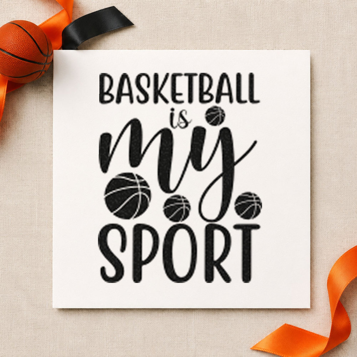 Basketball Is My Sport craft stamp imprint in black ink on a handmade project, one idea being uniform gift tags.