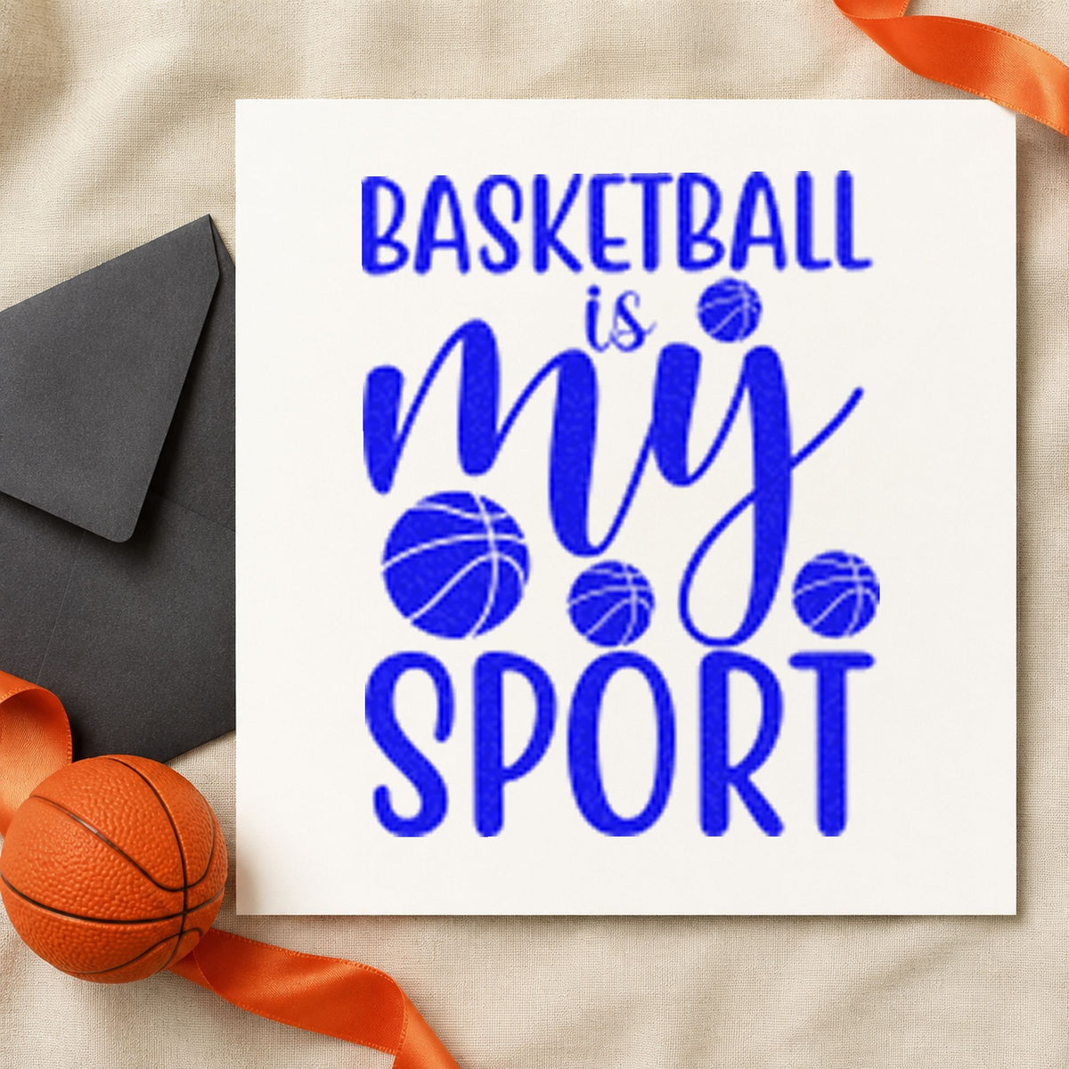 Basketball Is My Sport craft stamp imprinted in blue ink on paper, a design suited to framed hall hook.