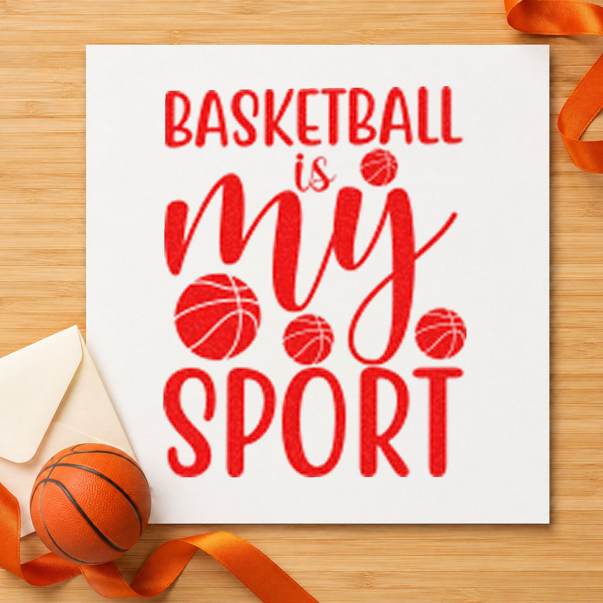 Basketball Is My Sport rubber stamp shown in red ink, stamped for projects such as bin shoe labels.