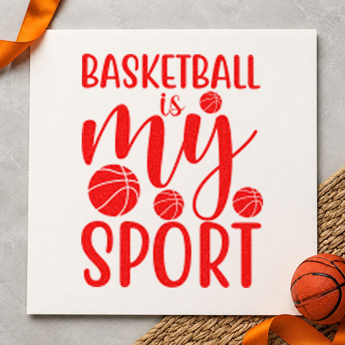 Basketball Is My Sport craft stamp imprint in red ink on a handmade project, one idea being practice note cards.