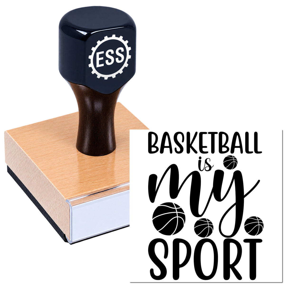 Navy blue rubber stamp with ESS logo on wooden block, featuring a black basketball seal that says Basketball is my sport.