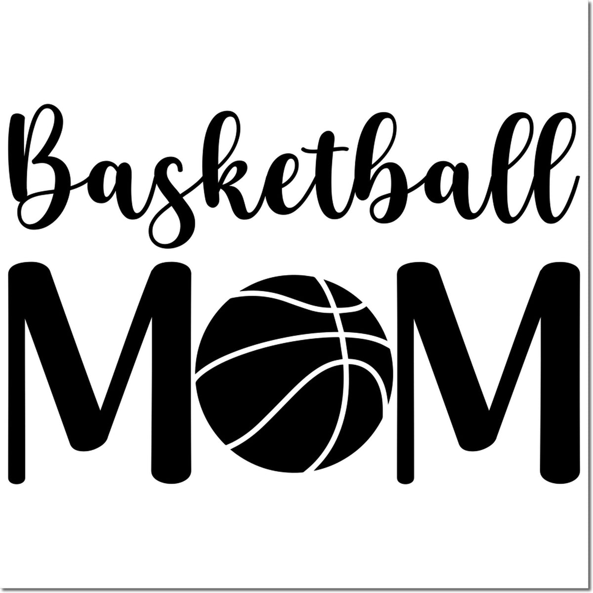 Black basketball MOM stamp and seal design with a basketball icon, in bold black on a white background.