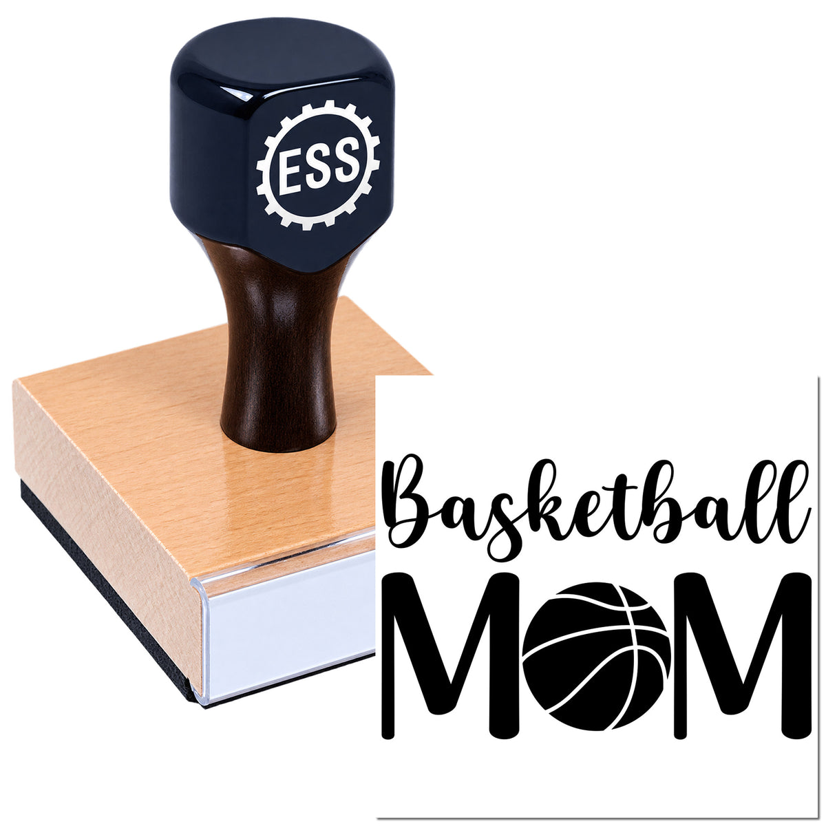 Black custom seal stamp on wooden base, featuring ESS logo and Basketball Mom design