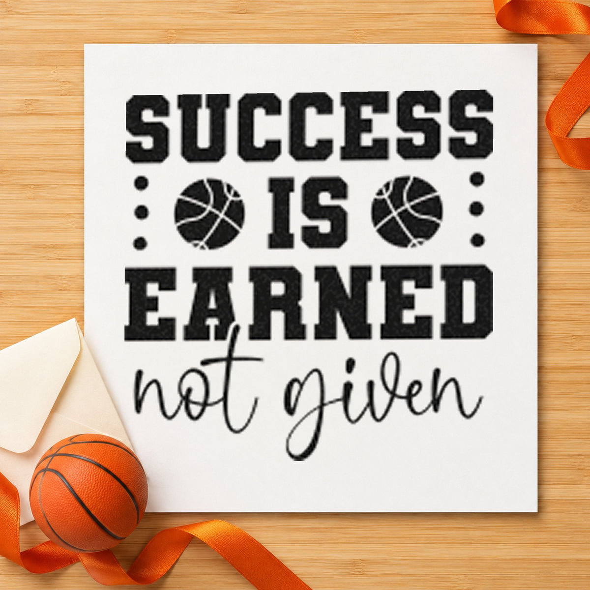Success Earned Not Given craft stamp in black ink on cardstock, an easy option for challenge album page.
