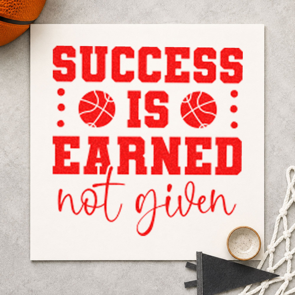 Success Earned Not Given rubber stamp shown in red ink, stamped for projects such as rack ball labels.