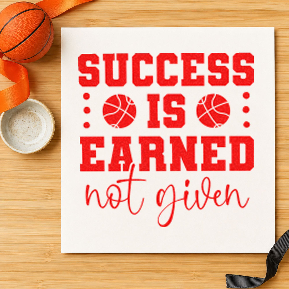 Success Earned Not Given craft stamp imprint in red ink on a handmade project, one idea being round score cards.