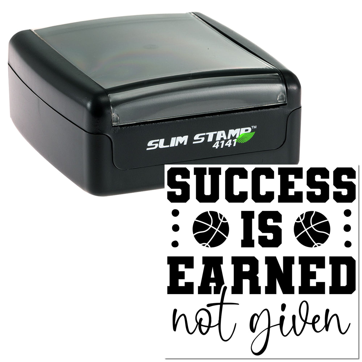 Black Slim Stamp 4141 self-inking stamp and seal with bold basketball-themed success text on white background