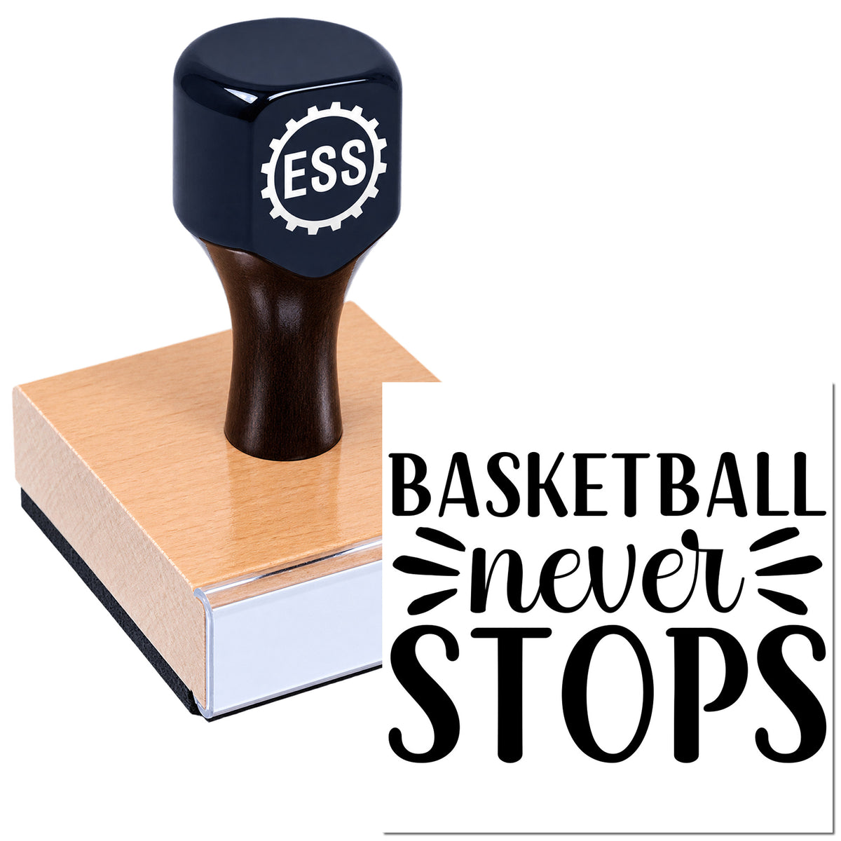 Black ESS self-inking rubber stamp on pink seal pad, showing "Basketball never stops" in black.