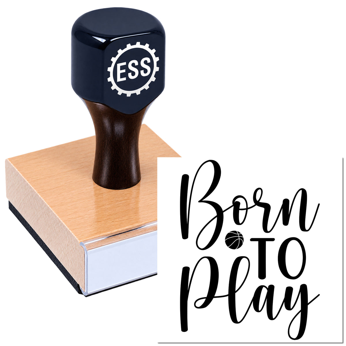 Custom navy ESS stamp on a pink wooden base with a black "Born to Play" seal design and basketball icon