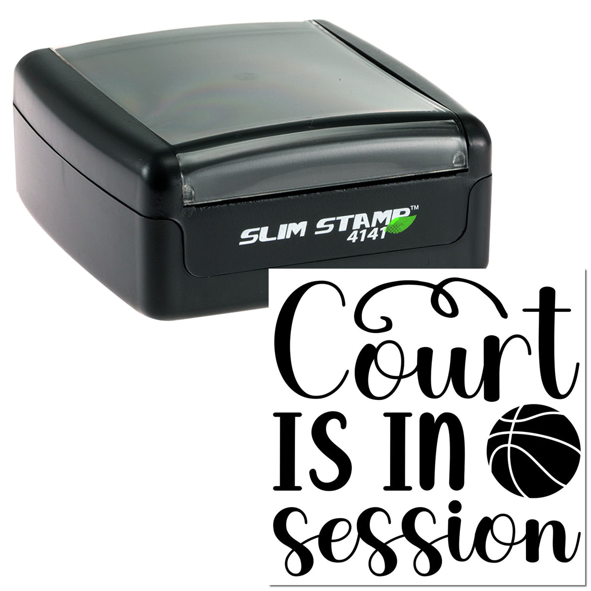 Black self-inking Slim Stamp 4141 with gray lid and a black Court is in session seal on white.