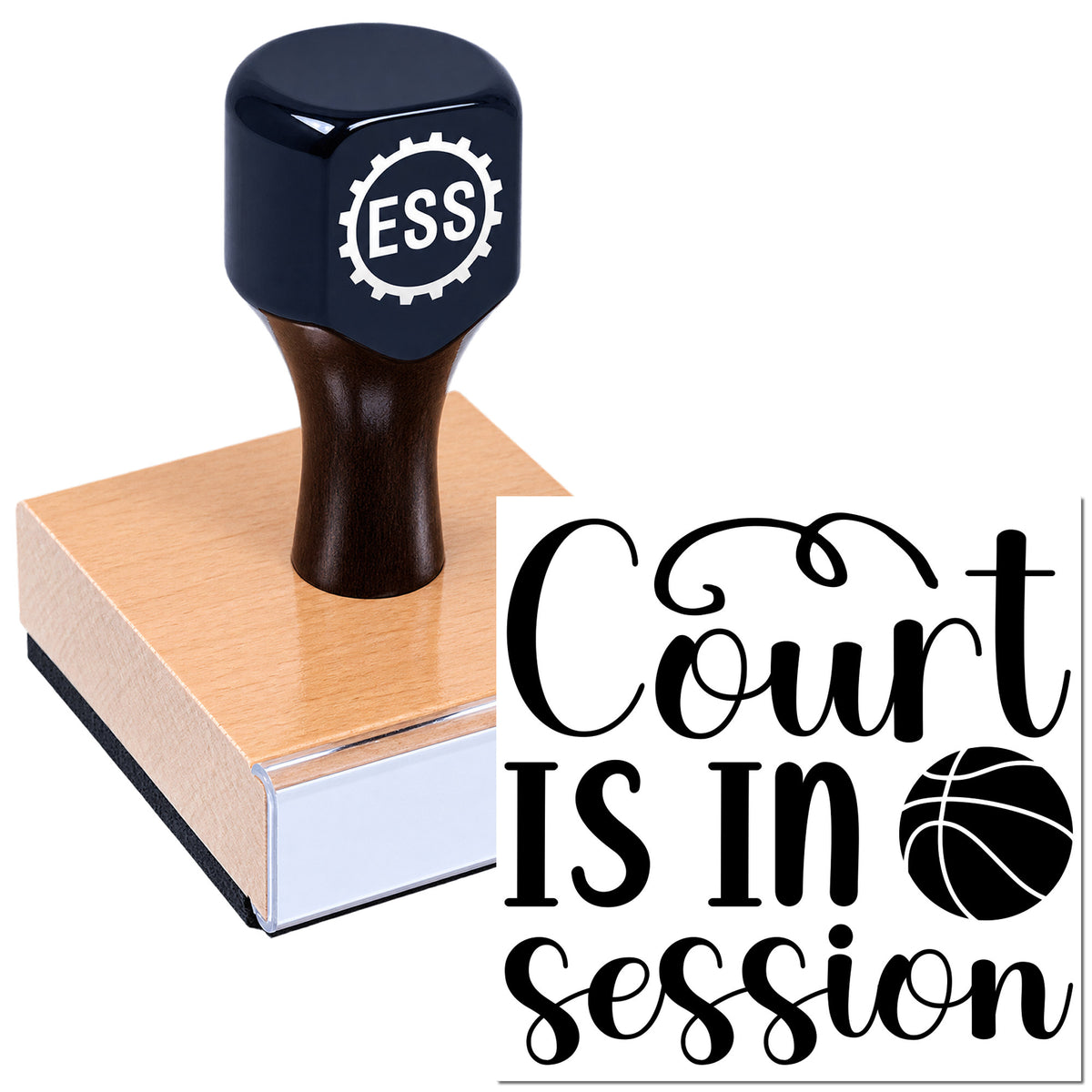 Dark navy ESS self-inking stamp on peach base beside black "Court Is In Session" seal with basketball icon.