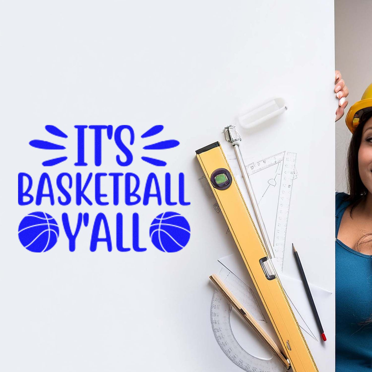 Blue basketball stamp and seal design on white, with yellow seal tools, rulers, pencil, and drafting gear.