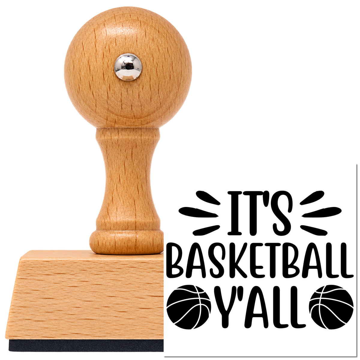 Vintage Pro beech wood stamp with a round knob handle, shown with its black It Is Basketball Yall imprint on white.
