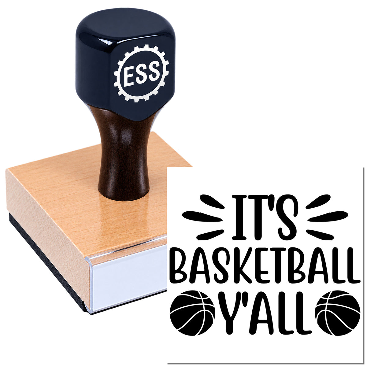 Dark navy ESS rubber stamp and seal on a wooden block, with black "It's Basketball Y'all" basketball design.