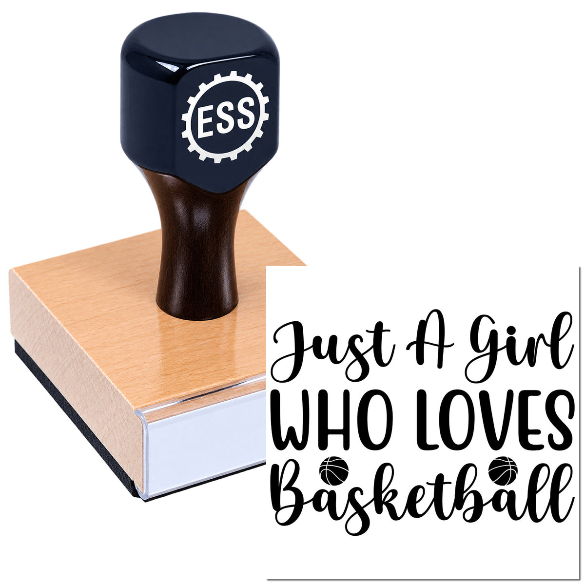 Black custom stamp and seal with wooden base, showing "Just A Girl Who Loves Basketball" in black script on white background.