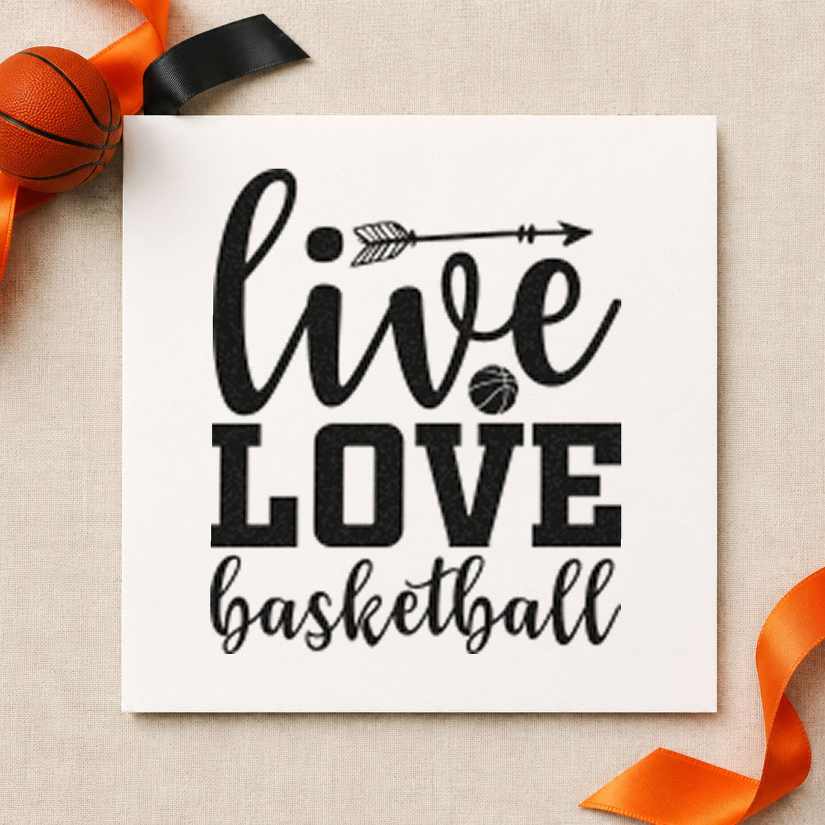 Live Love Basketball Arrow craft stamp imprint in black ink on a handmade project, one idea being treat gift tags.