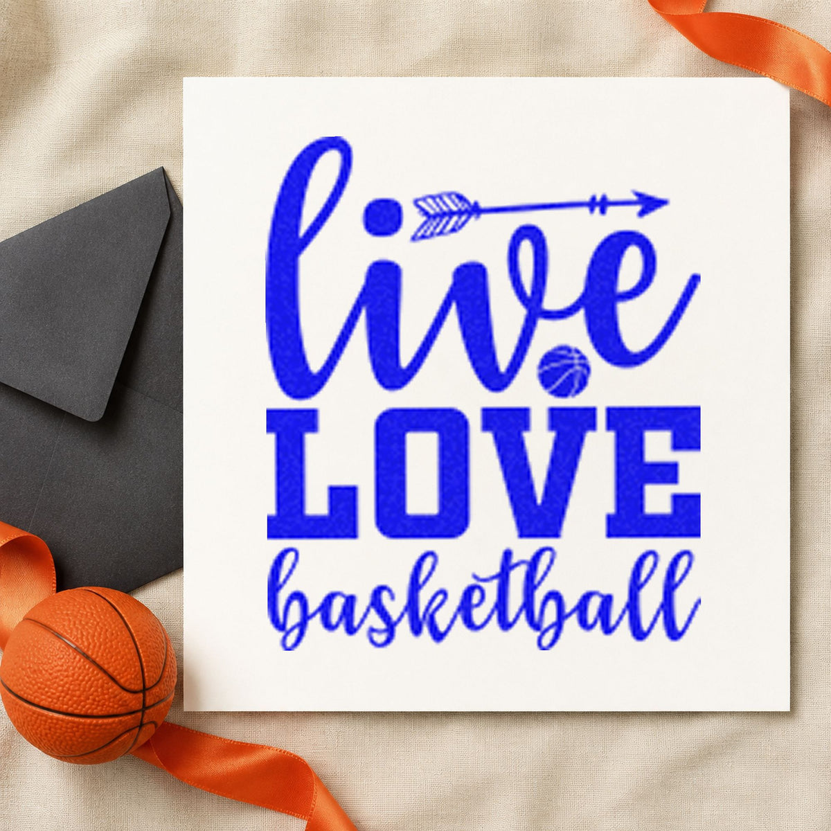 Live Love Basketball Arrow craft stamp imprinted in blue ink on paper, a design suited to framed locker row.