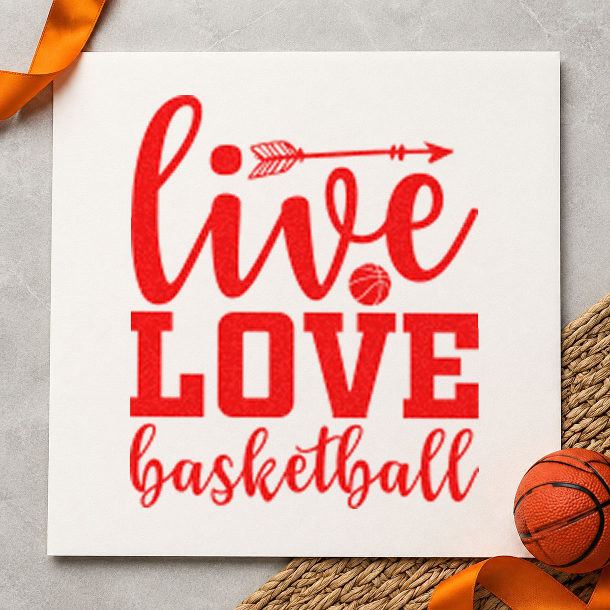 Live Love Basketball Arrow craft stamp imprint in red ink on a handmade project, one idea being good luck cards.