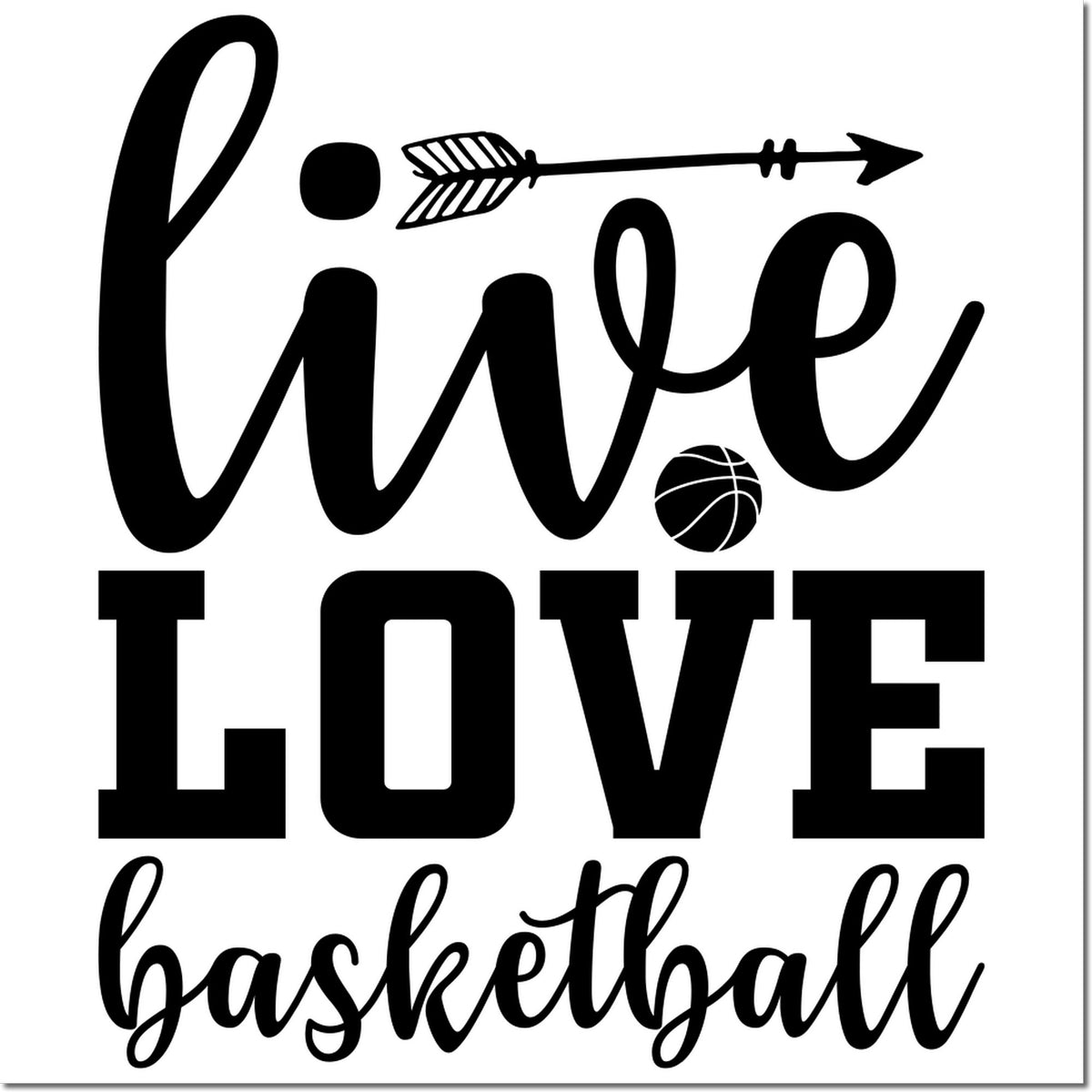 Black and white basketball stamp seal with Live Love Basketball text, arrow accent, and basketball icon.