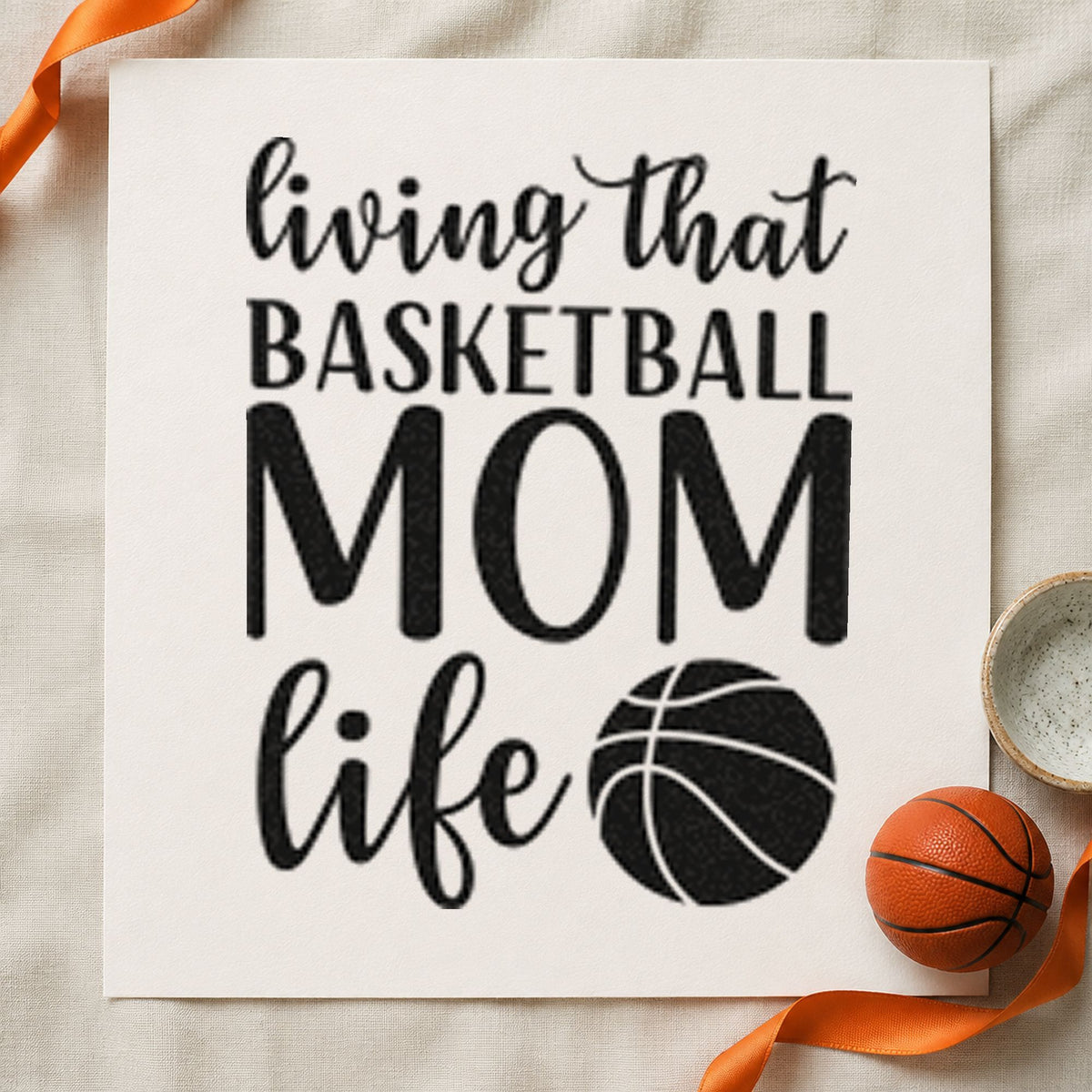 Living Basketball Mom Life craft stamp imprint in black ink on a handmade project, one idea being print pack gift tags.
